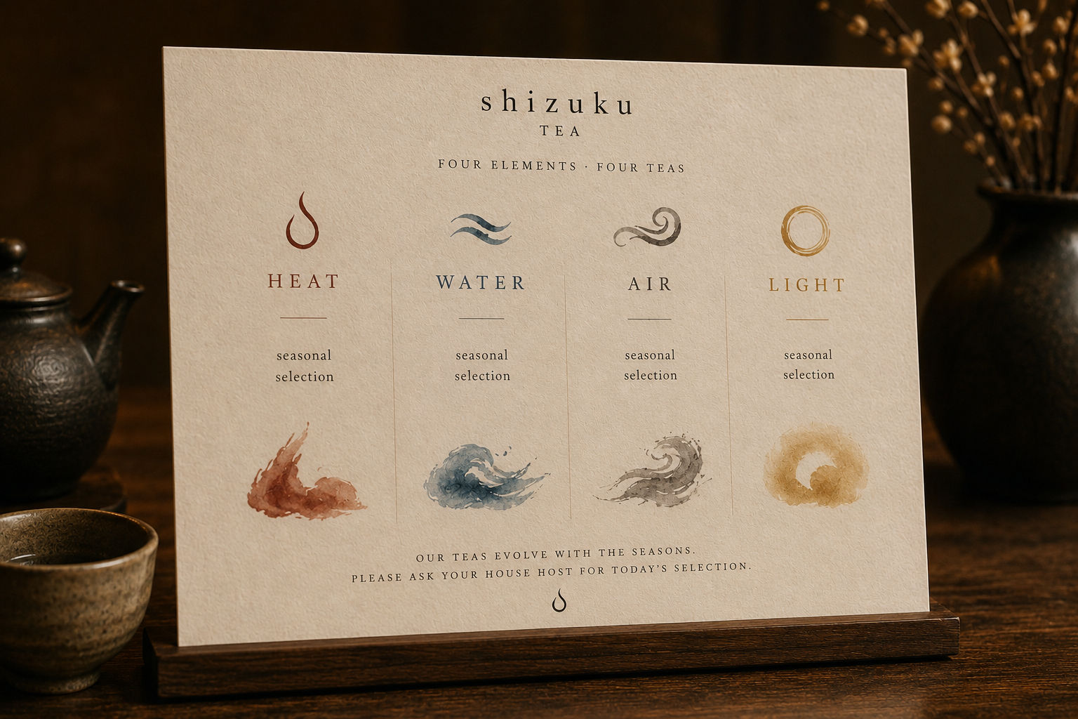 Shizuku tea menu — four elements, four teas